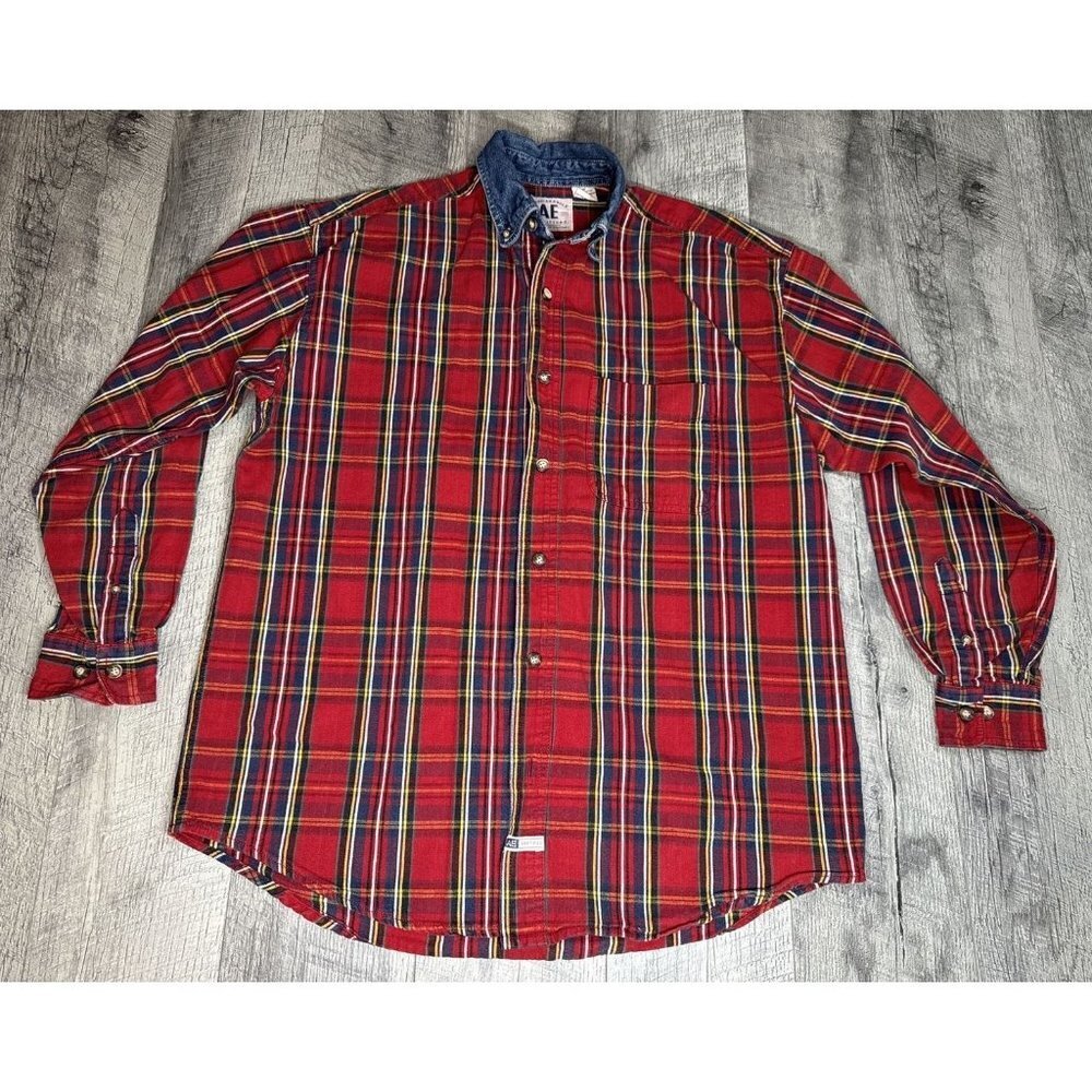Vintage 80s American Eagle Button Shirt Mens Medium Tartan Plaid Denim Collar